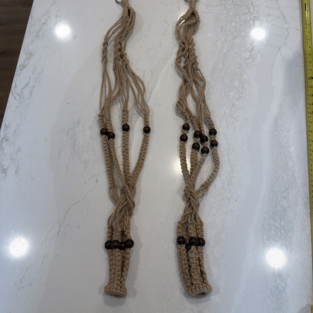 Vtg Lot Macrame Plant Hangers Holders Wooden Beads Metal Rings 70s Boho 32" Jute